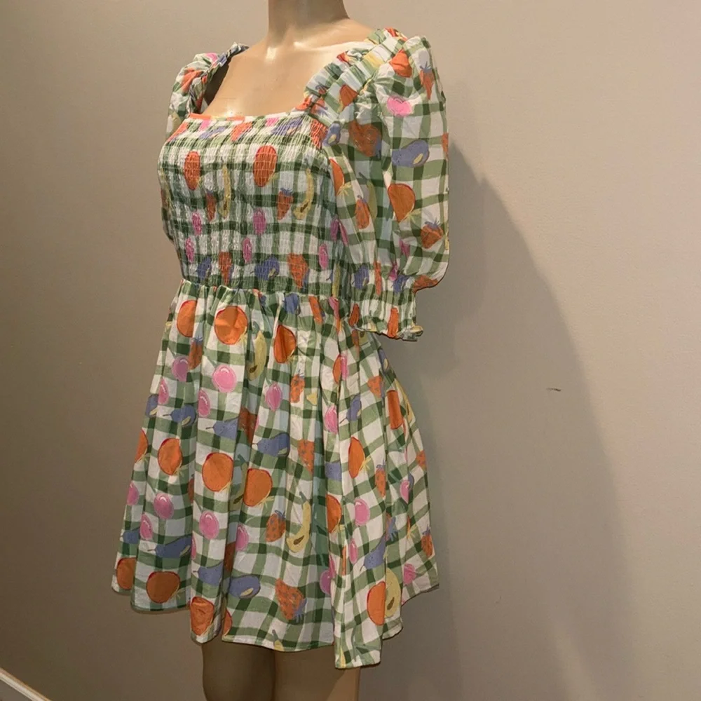 DAVI & DANI FRUITS PRINTED SMOCKING MINI DRESS size L NWT - Picture 8 of 9